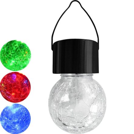 LED napelemes kerti lámpa, függő LED RGB BALL, üveg, fekete, repedezett üveg hatás