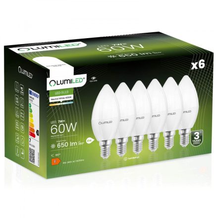 6x LED GYERTYA izzó készlet B35 E14 7W = 60W 650lm 4000K Semleges 180° LUMILED