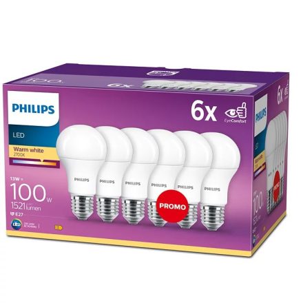 6x LED izzó készlet E27 A60 13W = 100W 1521lm 2700K Meleg 200° PHILIPS